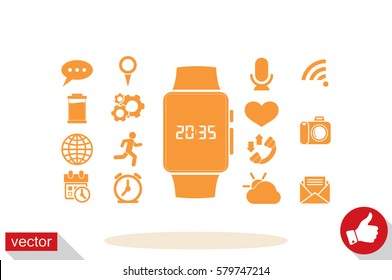 wrist watch icon vector illustration eps10. Isolated badge  clock time for website or app - stock infographics.