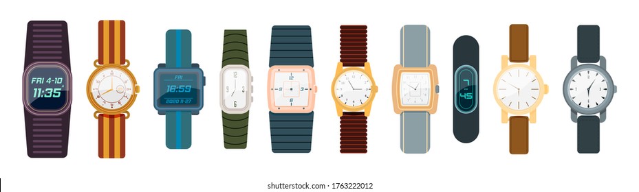 Wrist watch isolated on white background. Man and woman digital and classic watches collection in flat design. Collection fashion clocks for businessman, smartwatch. Vector illustration, eps 10.