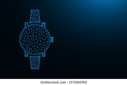Wrist Watch low poly design, clock abstract geometric image, time wireframe mesh polygonal vector illustration made from points and lines on dark blue background
