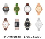 Wrist watch. Mens and womens mechanical, digital and smart watches with different bracelets and straps classy design flat isolated vector set