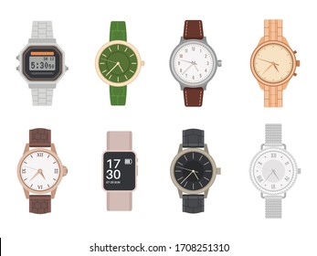 Wrist Watch. Mens And Womens Mechanical, Digital And Smart Watches With Different Bracelets And Straps Classy Design Flat Isolated Vector Set