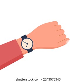 Wrist watch on female arm in flat design on white background.