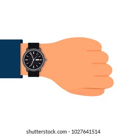 Wrist watch on the hand of a businessman in a suit. Man with clock checks time .. Flat design, vector illustration isolated on white background.