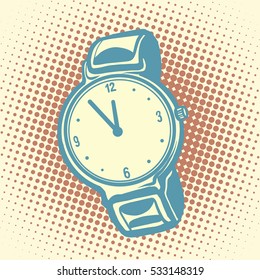 Wrist watch retro. Old illustration. Pop art vector. Time and dial