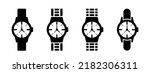 Wrist watch. Set of flat black icons isolated on transparent background. Vector clipart.