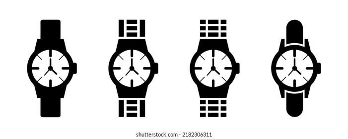 Wrist watch. Set of flat black icons isolated on transparent background. Vector clipart.