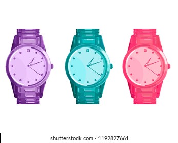 Wrist Watch. Set of three wristwatches are purple, blue and pink. Flat vector illustrion.