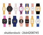 Wrist watch set vector flat illustration. Cartoon isolated fashion wristwatch collection with expensive luxury gold clock, classic female and male mechanical accessory, smartwatch with digital display