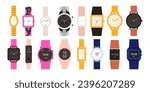Wrist watch set vector illustration. Cartoon isolated fashion wristwatch collection with expensive luxury gold clock, classic female and male mechanical accessory, smartwatch with digital display