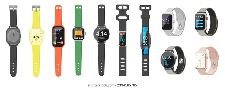 Wrist watch set vector illustration. Cartoon isolated fashion accessory collection of classic mechanical and modern digital wristwatches on bracelet for men and women, fitness smartwatch, top view