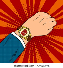 Wrist watch showing now pop art retro vector illustration. Comic book style imitation.