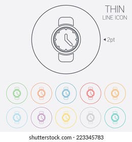 Wrist Watch sign icon. Mechanical clock symbol. Men hand watch. Thin line circle web icons with outline. Vector