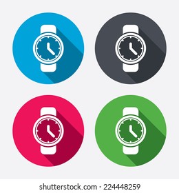 Wrist Watch sign icon. Mechanical clock symbol. Men hand watch. Circle buttons with long shadow. 4 icons set. Vector