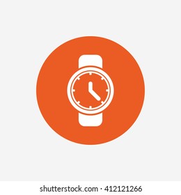 Wrist Watch sign icon. Mechanical clock symbol. Men hand watch. Orange circle button with icon. Vector