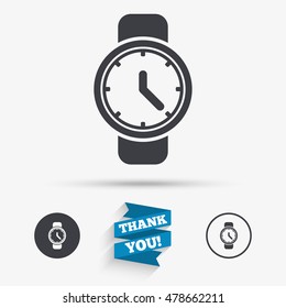 Wrist Watch sign icon. Mechanical clock symbol. Men hand watch. Flat icons. Buttons with icons. Thank you ribbon. Vector