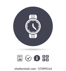 Wrist Watch sign icon. Mechanical clock symbol. Men hand watch. Report document, information and check tick icons. Currency exchange. Vector