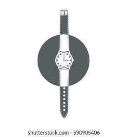 Wrist watch with strap and hands. Black and white time icon. Vector illustration.