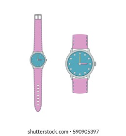 Wrist watch with strap and hands. An enlarged fragment of a wristwatch. Vector illustration.