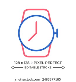 Wrist watch two color line icon. Modern watchmaking hobby. Fashionable accessory for men, women bicolor outline symbol. Duotone linear pictogram. Isolated illustration. Editable stroke