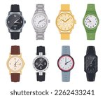Wrist watches. Cartoon gold and silver hand clocks, vintage classic watches. Quartz analog and electronic watch flat vector illustration collection