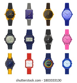 Wrist watches. Classic female male watches, digital smartwatch, fashion unisex chronograph, modern men wrist clock vector illustration icons set. Fashion clock wristwatch accessory, modern and classic