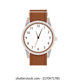 Wrist watches with classic round dial and leather bracelet. Wristwatch, hand clocks design. Analog quartz handwatches, time accessory. Arm watch. Flat vector illustration isolated on white background svg
