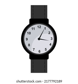 Wrist watches with classic round dial and leather bracelet. Wristwatch, hand clocks design. Black hand watches, time accessory. Arm watch. Flat vector illustration isolated on white background