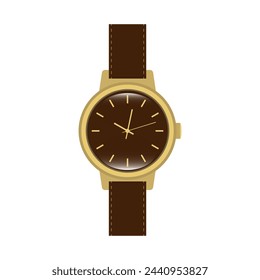 Wrist watches with classic round dial and leather bracelet.   Arm watch. Flat vector illustration isolated on white background