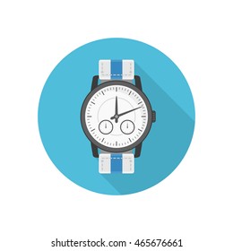 Wrist watches icon in classic design. Isolated clocks in flat style whit long shadow. Vector sign watch on blue background. Design element.