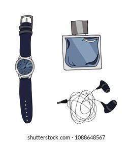 Wrist watches, perfume and eaphones  illustration. Blue color on white background.
