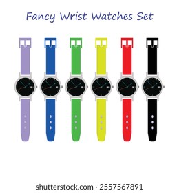 Wrist Watches Set.eps showcases a colorful collection of classic and modern wristwatches with vibrant rubber straps in black, red, blue, and green. Perfect accessory designs for children and fashion.