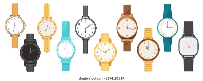 Wrist watches set vector illustration. Cartoon isolated collection of wristwatch with luxury gold metal or brown, black and blue leather strap, classic analog dial of round and square shape with hands