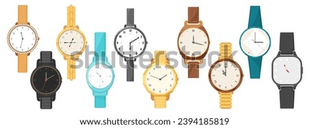 Wrist watches set vector illustration. Cartoon isolated collection of wristwatch with luxury gold metal or brown, black and blue leather strap, classic analog dial of round and square shape with hands