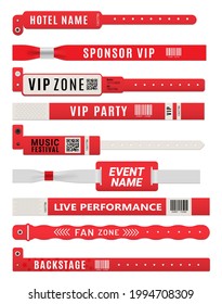 Pulseras de la banda de la muñeca, simulación de la entrada del evento. Etiquetas plásticas, bandas para plantillas vectoriales de brazos o placas de seguridad. Festival de música, invitación a fiesta VIP, zona de fans de espectáculos en directo y pase entre bastidores