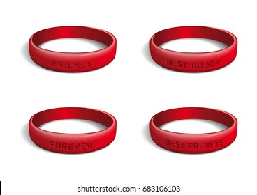 Wristband collection for Friendship Day. Set red bracelets with various inscriptions. Friends. Best friends. Best buddy. Forever. Realistic vector illustration isolated on white background