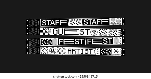 Wristband control bracelets for fest, staff, guest, artist, contest, concert, perfomer. Vector mockup of a festival bracelet in a futuristic style