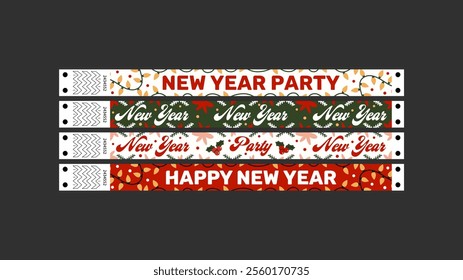 Wristband control bracelets for new year, party, christmas, happy new year, coming year, ahead, new year's day. Vector mockup of a party bracelet in a groovy style