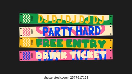 Wristband control bracelets for party, weekends, holiday, dj, party hard, free entry, drink ticket. Vector mockup of a party bracelet in a cartoon style.