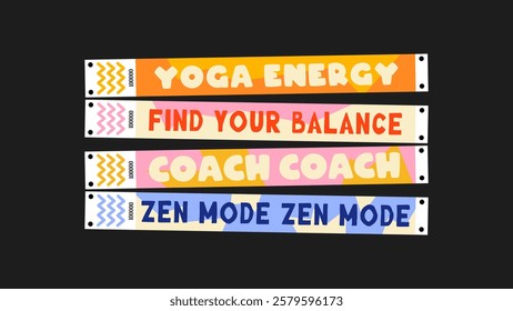 Wristband control bracelets for yoga, zen mode, coach, teacher, breatche, balance, relax, yoga. Vector mockup of yoga bracelet in a cartoon style