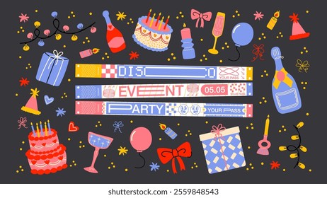 Wristband. Control ticket bracelets and stickers set for events, disco, festival, fan zone, party, staff. Vector mockup of a festival bracelet in a futuristic style