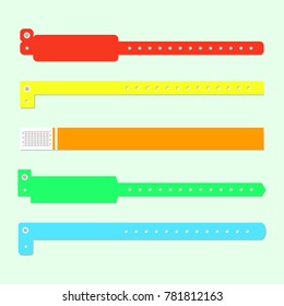 Wristband template set. Stock vector illustration of different color bracelets for music perfomance, dance, live concert, sport events, fan zone entrance. Mockup collection.