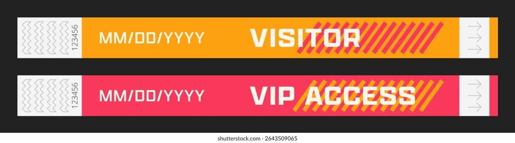 Pulseiras para controle de acesso. Modelo de vetor para eventos, grupos, zonas de fãs, equipe, áreas VIP e muito mais.