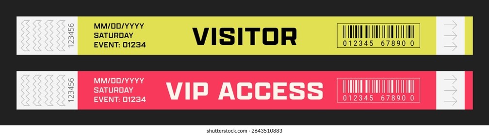 Wristbands for access control. Vector template for events, parties, fan zones, staff, VIP areas, and more.