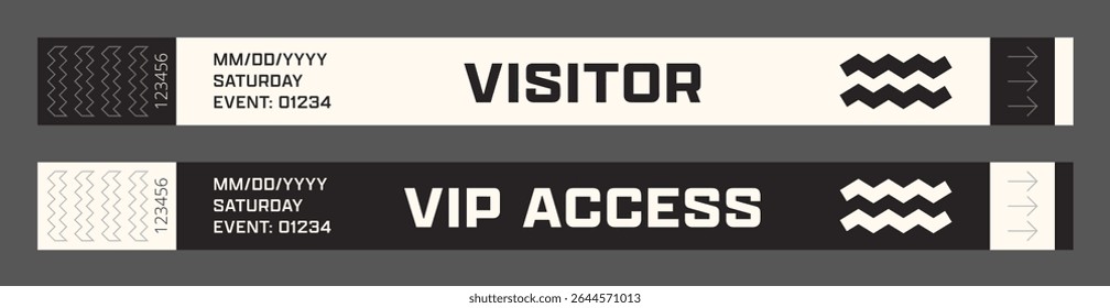 Wristbands for access control. Vector template for events, parties, fan zones, staff, VIP areas, and more.