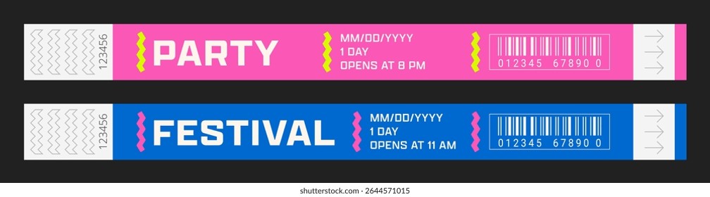Wristbands for access control. Vector template for events, parties, fan zones, staff, VIP areas, and more.