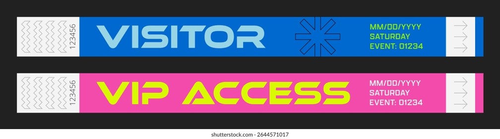 Wristbands for access control. Vector template for events, parties, fan zones, staff, VIP areas, and more.