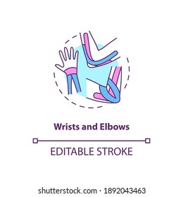 Wrists and elbows concept icon. Hand muscle care. Physical treatment. Prevent injury. Kinesiology tape idea thin line illustration. Vector isolated outline RGB color drawing. Editable stroke