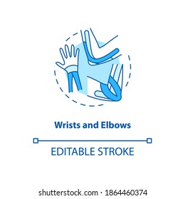 Wrists and elbows turquoise concept icon. Hand muscle care. Physical treatment. Prevent injury. Kinesiology tape idea thin line illustration. Vector isolated outline RGB color drawing. Editable stroke