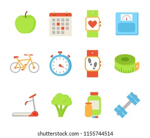Wristwatch and apple fruit isolated icons set vector. Calendar appointments and watches, weight and bicycle with treadmill. Vitamins and dumbbells