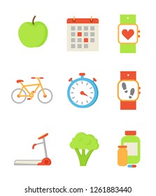 Wristwatch and apple isolated icons set vector. Apple and calendar, bicycle and clock, broccoli vegetable and bcaa vitamin. Treadmill running track